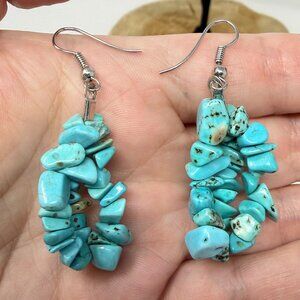 Turquoise Chip Beaded Dangle Earrings Silver Tone Western Jewelry